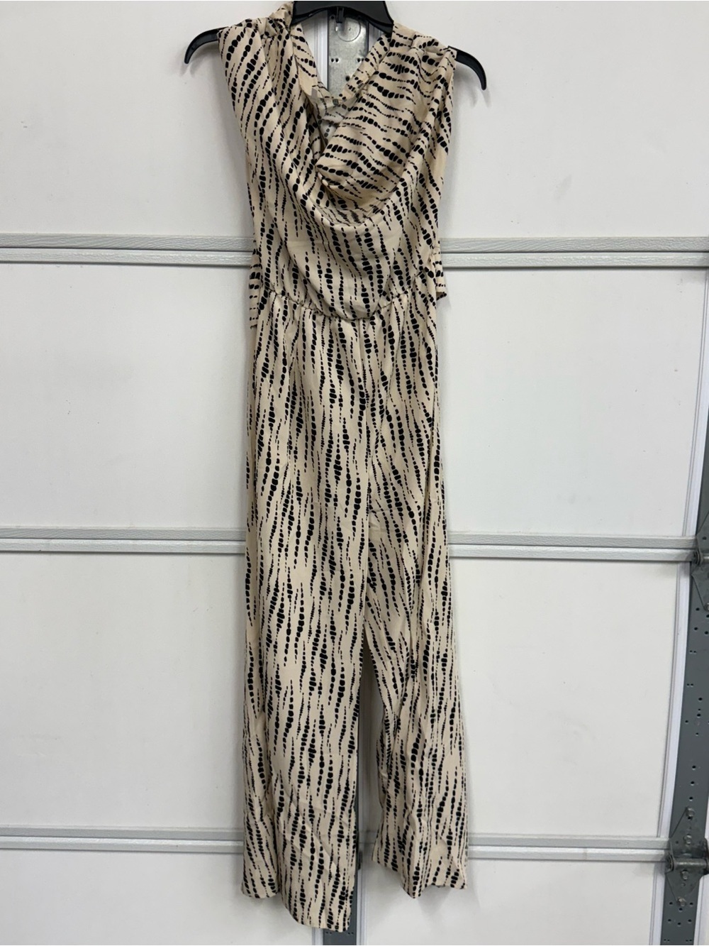 Women Sleeveless Cowl Neck Wide Leg Jumpsuit Cream Black Abstract Dotted Stripe